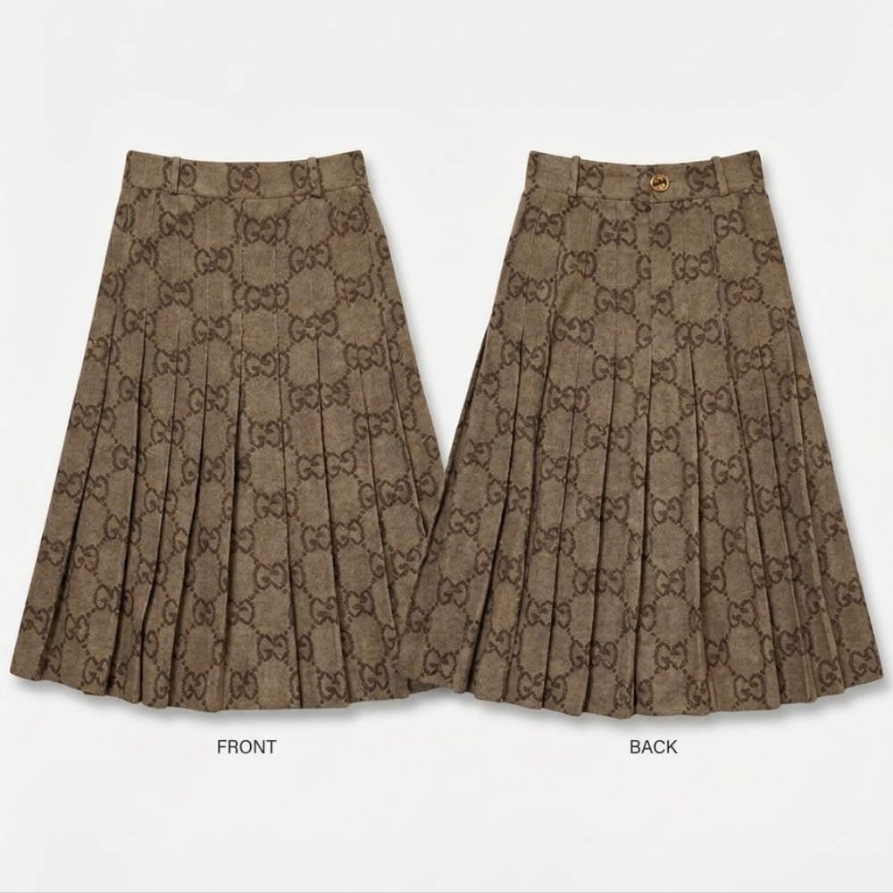 Gucci Beige-Brown GG Monogram Pleated A-Line Skirt w/GUCCI Garment Bag & COA - Picture 5 of 17